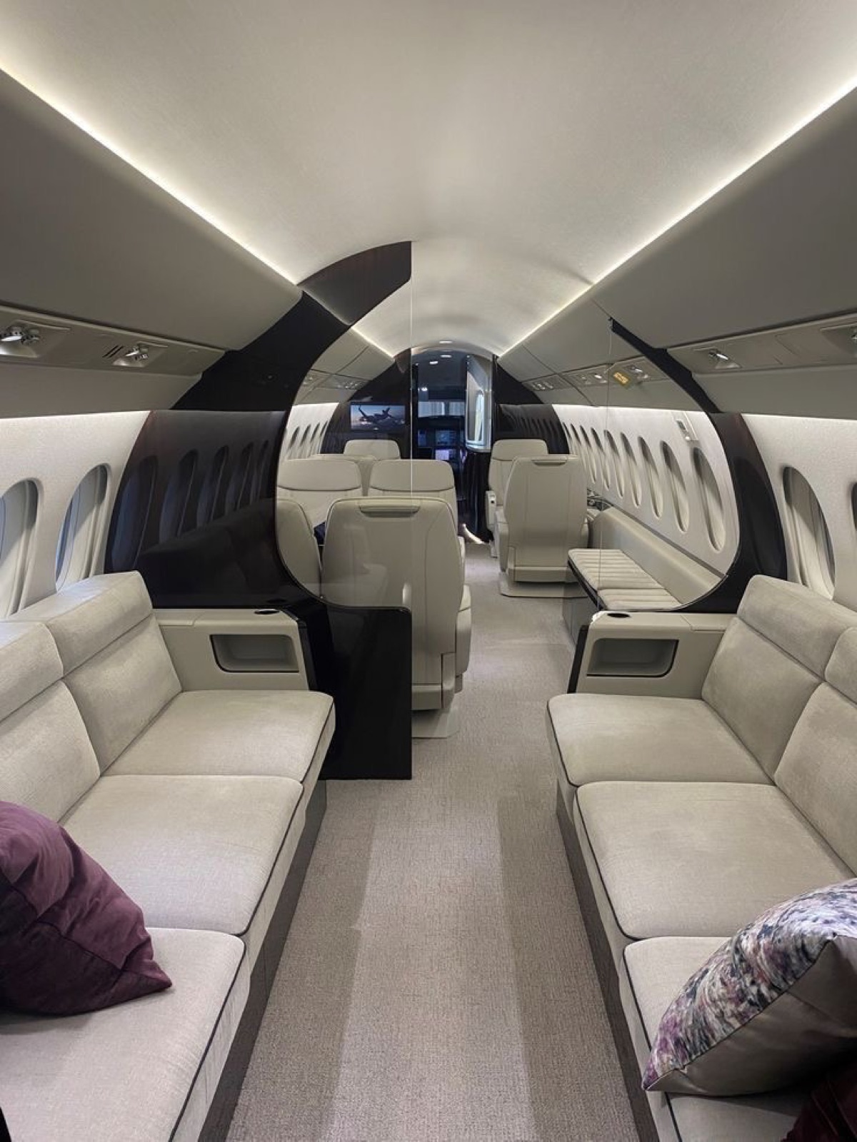 Business-Jet-Kabine mit gegenüberliegenden Sofas, illustrativ